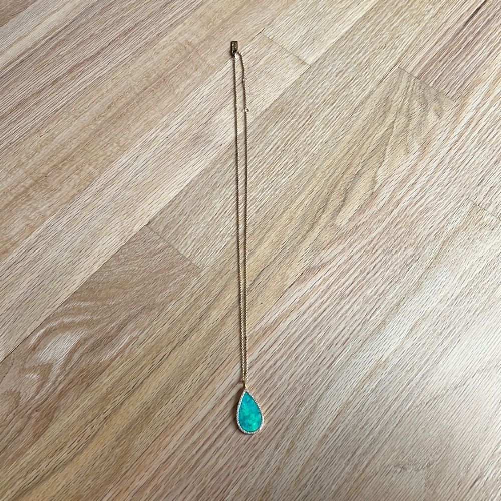 Melanie Auld yellow gold necklace with tear drop turquoise/pave pendant.